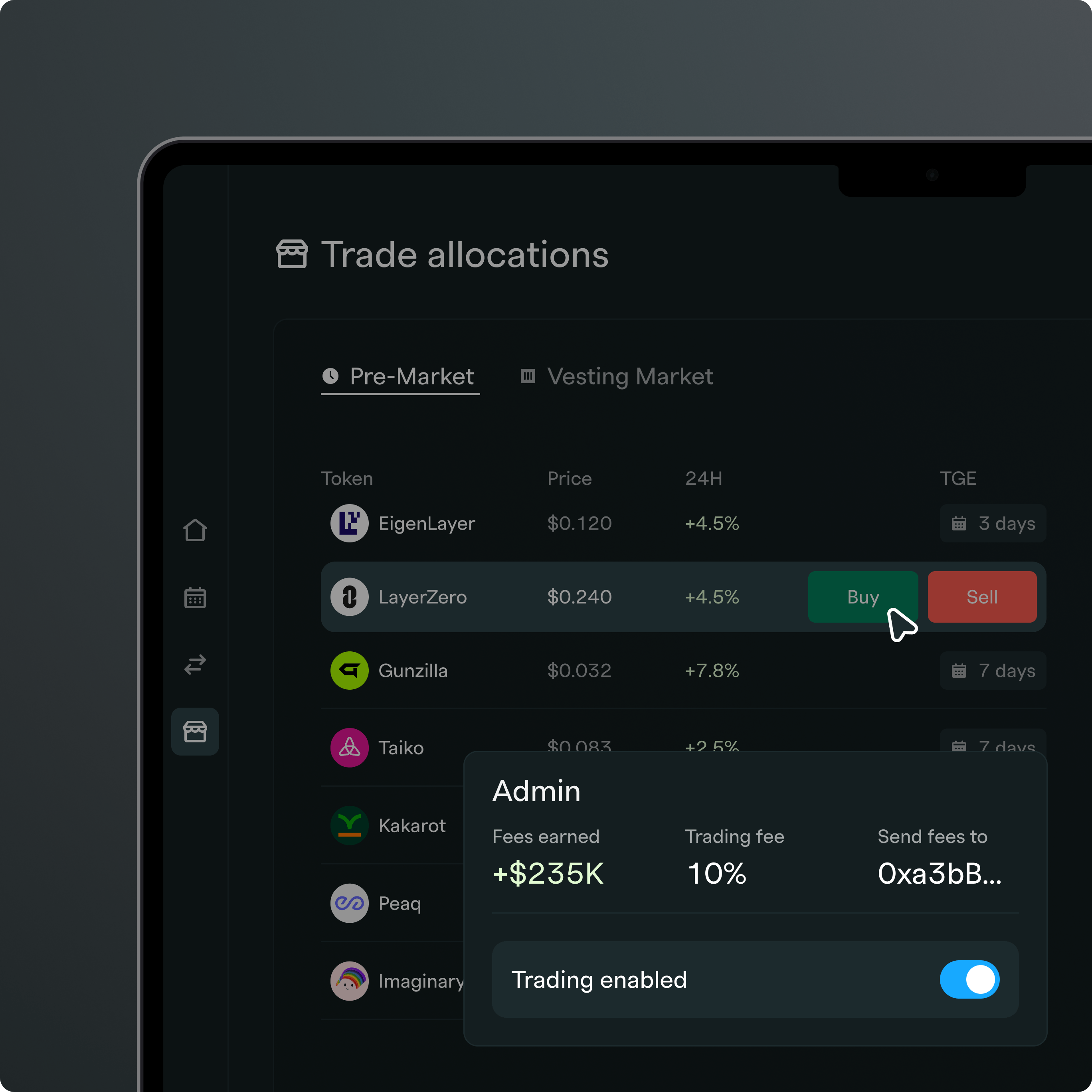 View of a private exchange platform that allows trading of tokens subject to vesting, pre-TGE and post TGE